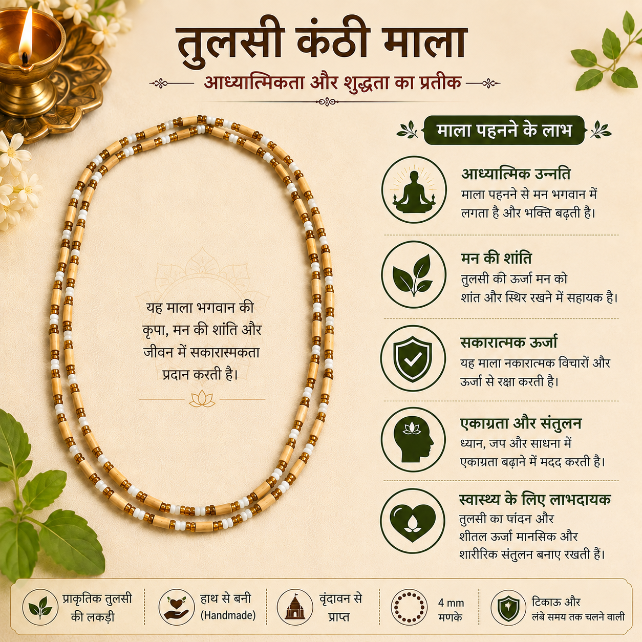 Benefits infographic of 2 Round Tulsi Kanthi Mala gold and white crystal premium necklace