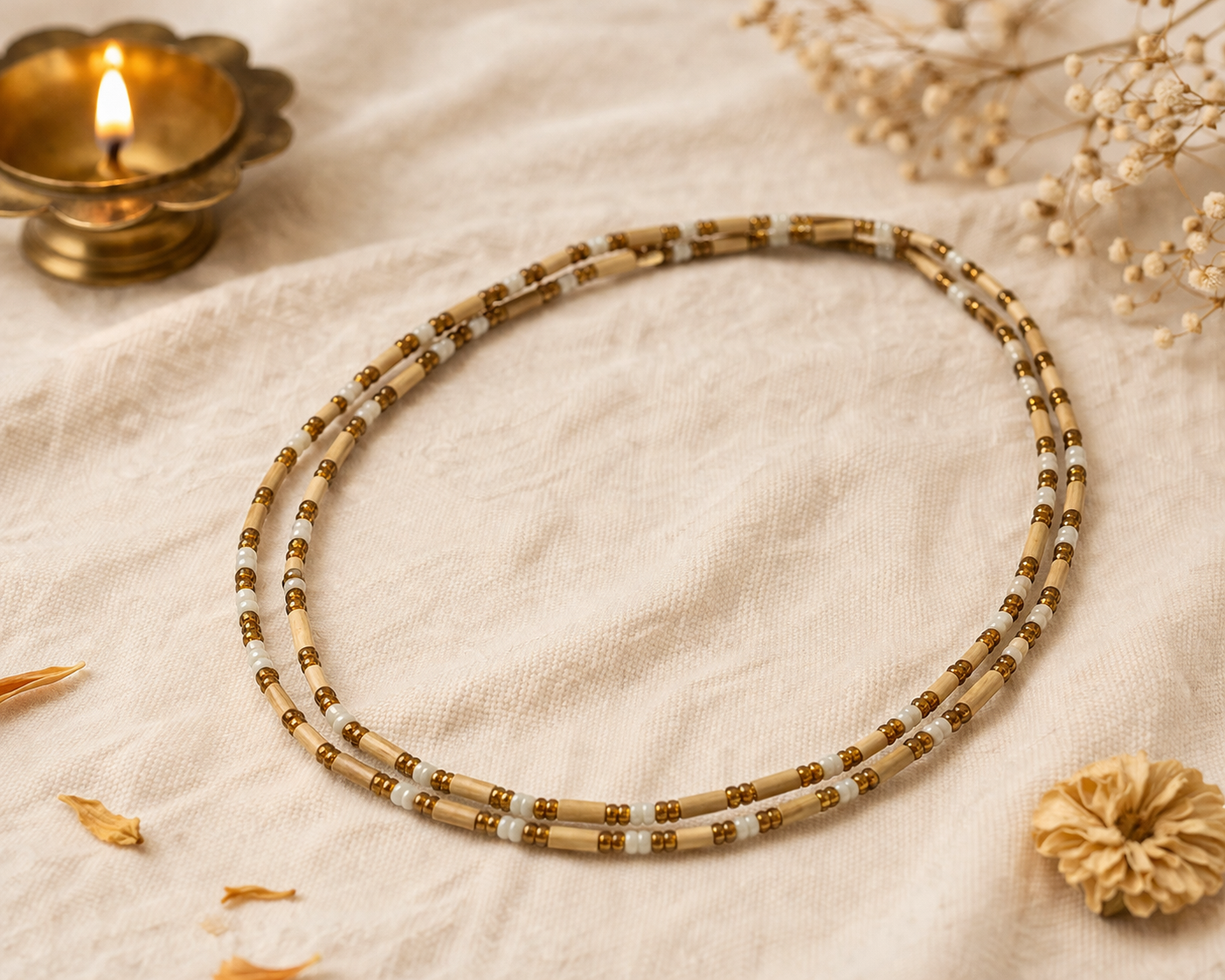 2 Round Tulsi Kanthi Mala with gold and white crystal premium necklace flat lay product image.