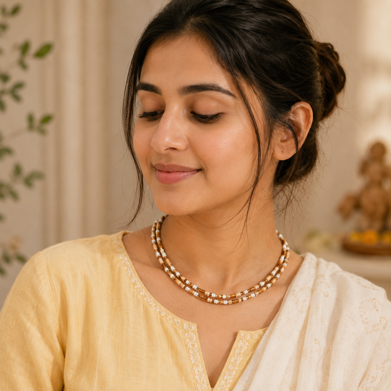 Woman wearing 2 Round Tulsi Kanthi Mala with gold and white crystal beads premium necklace