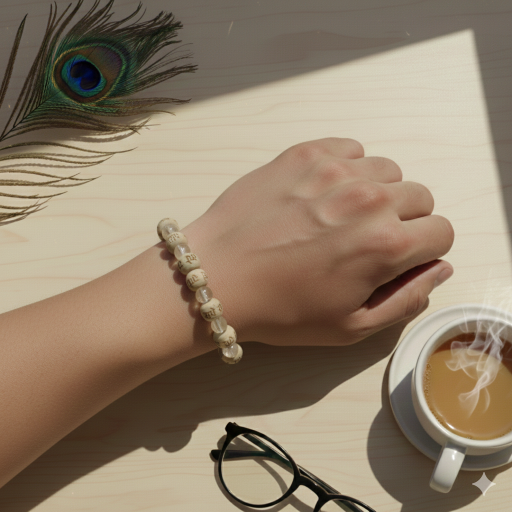 Tulsi Bead & Crystal Bracelet with Radhe Radhe Engraving