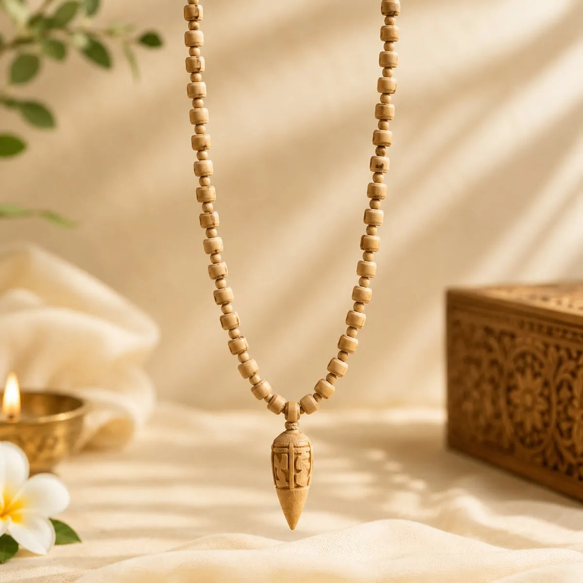 Tulsi Locket Mala – Hand-Carved Radhe Conical Pendant in Natural Tulsi Wood