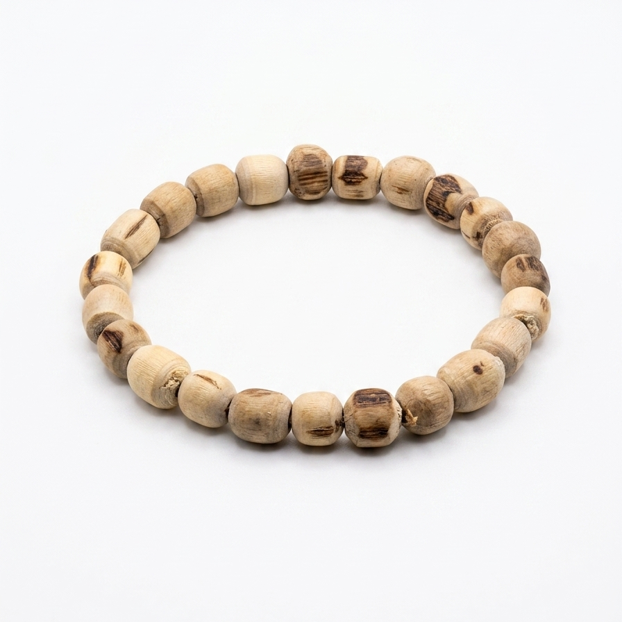 Original pure Tulsi beads bracelet 8mm isolated on clean background showing natural wood bead texture.