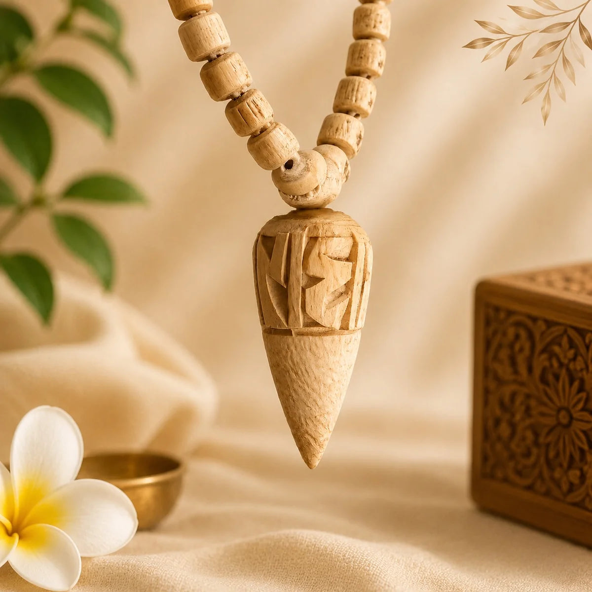 Tulsi Locket Mala – Hand-Carved Radhe Conical Pendant in Natural Tulsi Wood