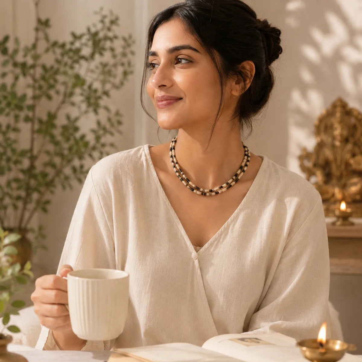 2 Round Tulsi Kanthi Mala – Black & White Crystal Designer Necklace | HariBol Mart