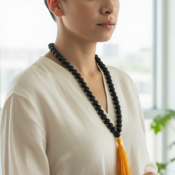 Person wearing a black beaded necklace with a yellow tassel and bracelet, sitting in a bright room with plants.