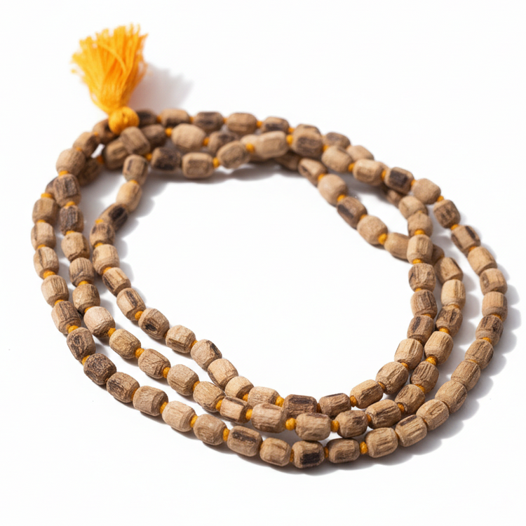 Tulsi Wooden beaded Japa Mala with a tassel on a white background