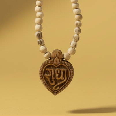 Radha Naam Tulsi Locket Mala - Handcrafted 9mm Vrindavan Basil Wood Beads