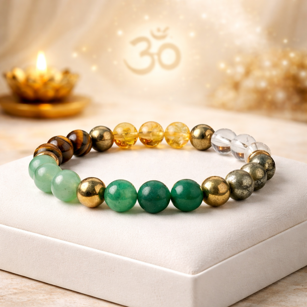 Multicolored beaded bracelet on a white box with a blurred candle and 'Om' symbol in the background.