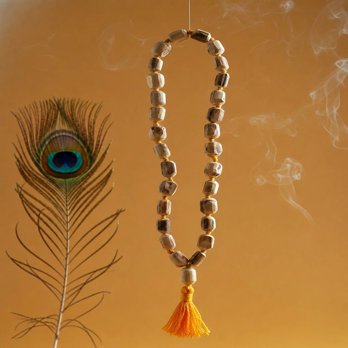 Beaded necklace with a tassel next to a peacock feather on an orange background