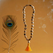 Beaded necklace with a tassel next to a peacock feather on an orange background