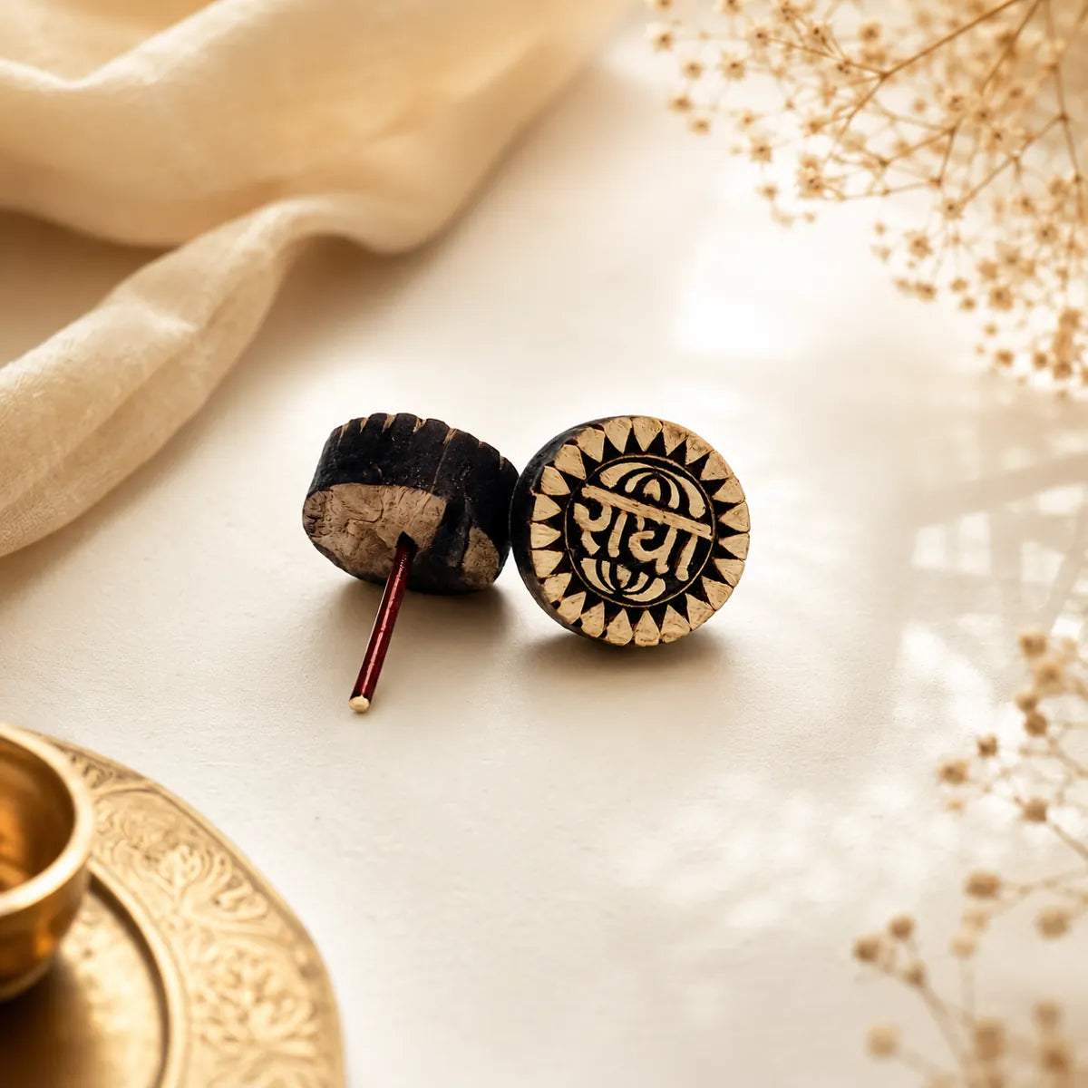 Pure Tulsi Radha Naam Engraved Stud Earrings | Handmade Spiritual Earrings for Men & Women