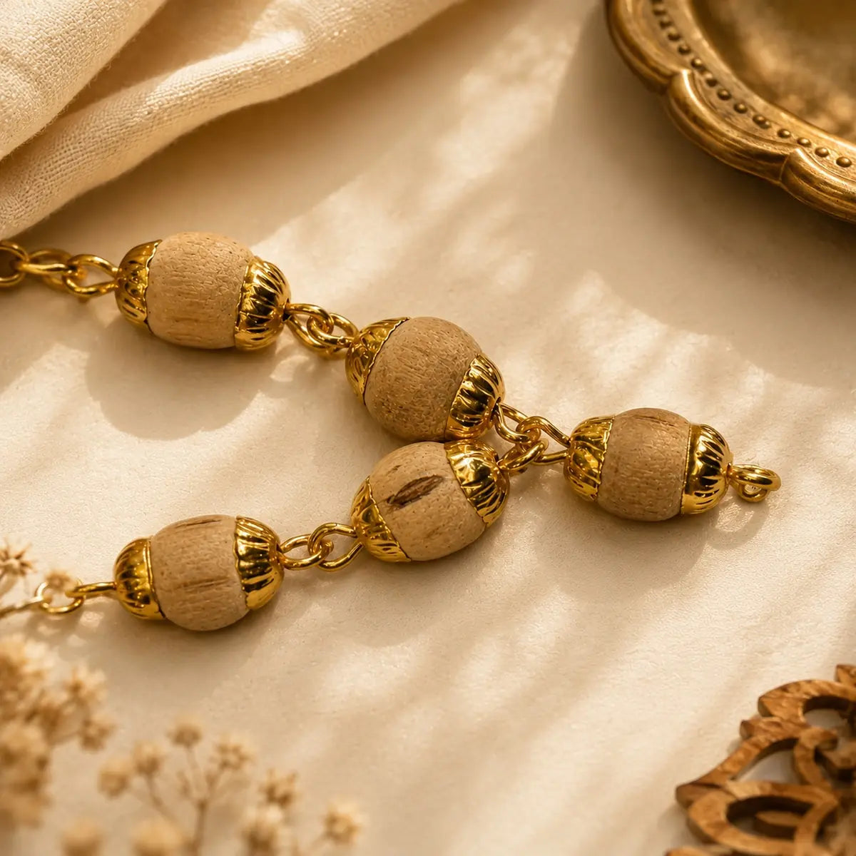 Gold Plated Tulsi Mala | Pure Tulsi Wood Necklace for Men & Women