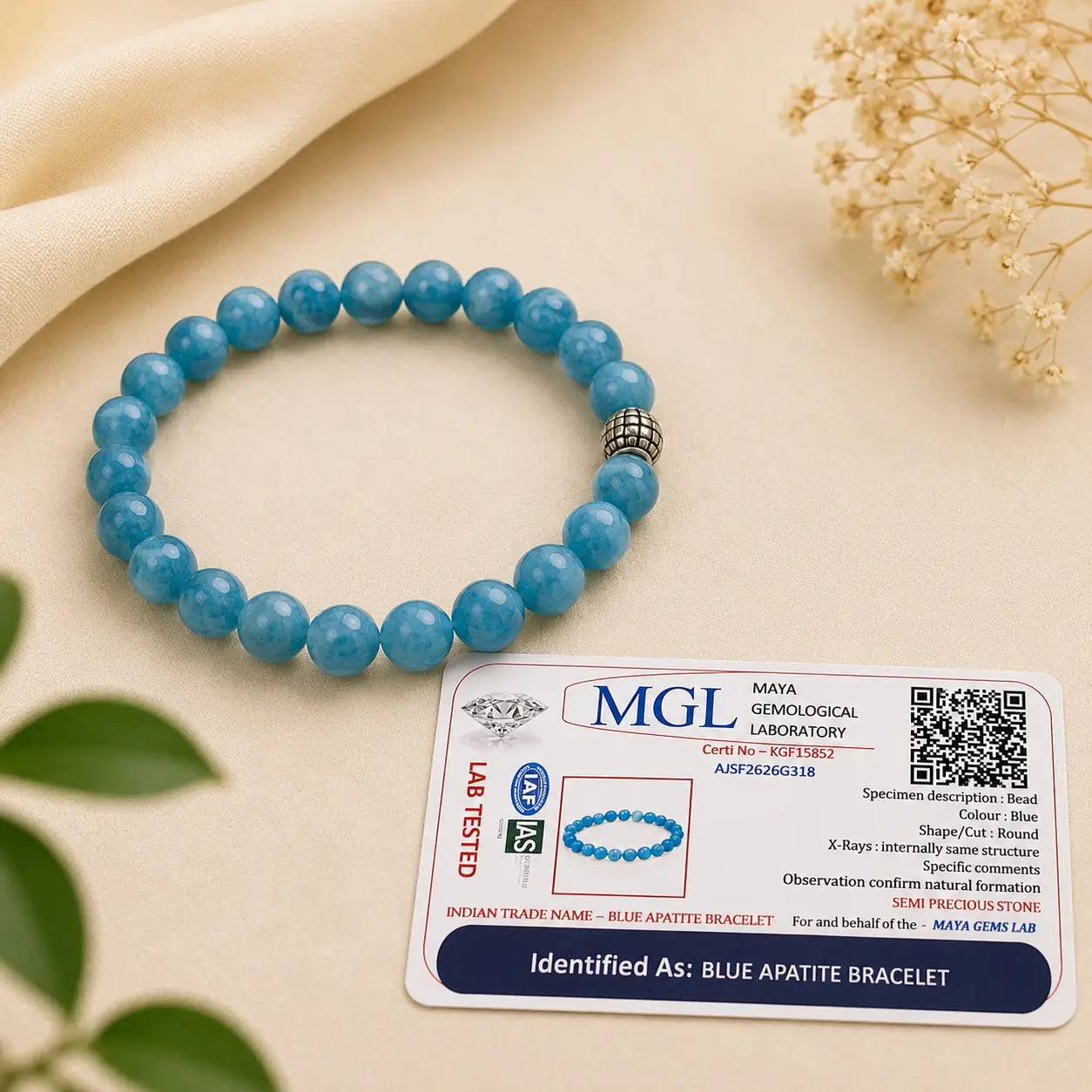 Blue Apatite Bracelet – Natural 8mm Healing Crystal Gemstone | Premium Quality | Lab Certified