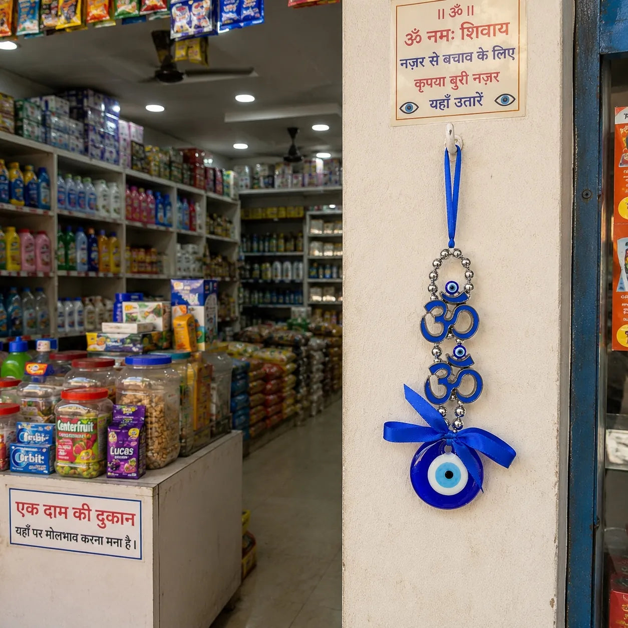 Om Evil Eye Nazar Battu Hanging for Home, Office & Shop Entrance | Blue Feng Shui Vastu Wall Hanging