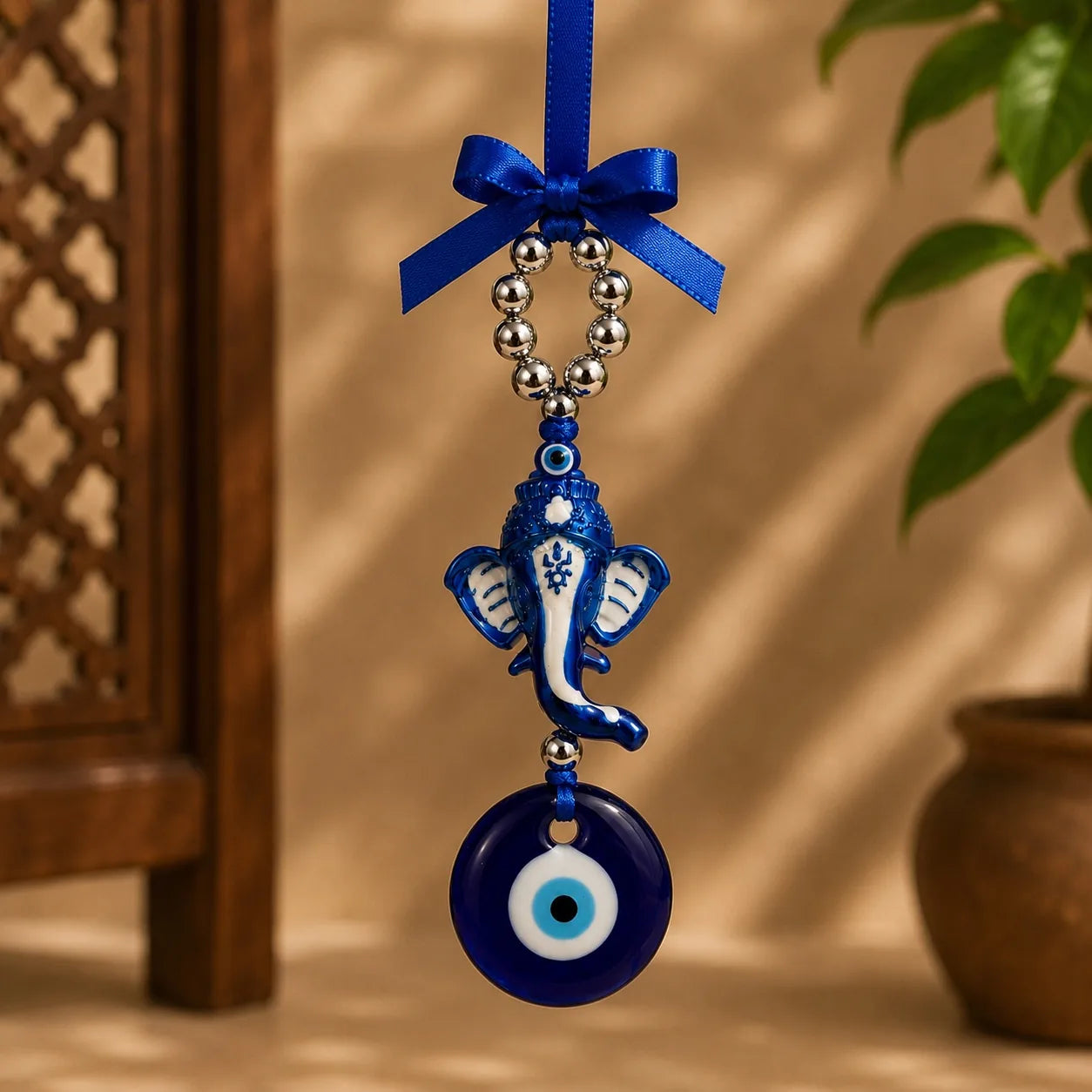 Natural Blue Evil Eye Hanging with Lord Ganesha | Nazar Battu Wall & Car Rear View Mirror Hanging