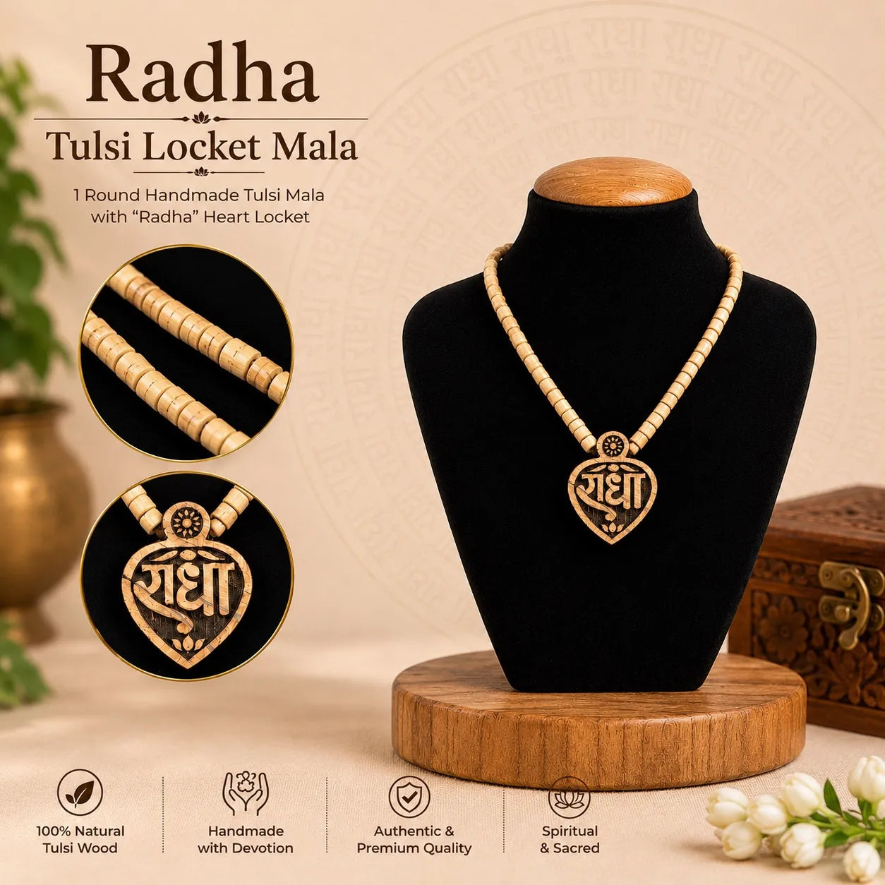 Pure Tulsi Radha Naam Heart Locket Mala | Natural Handmade Tulsi Kanthi Necklace for Men & Women