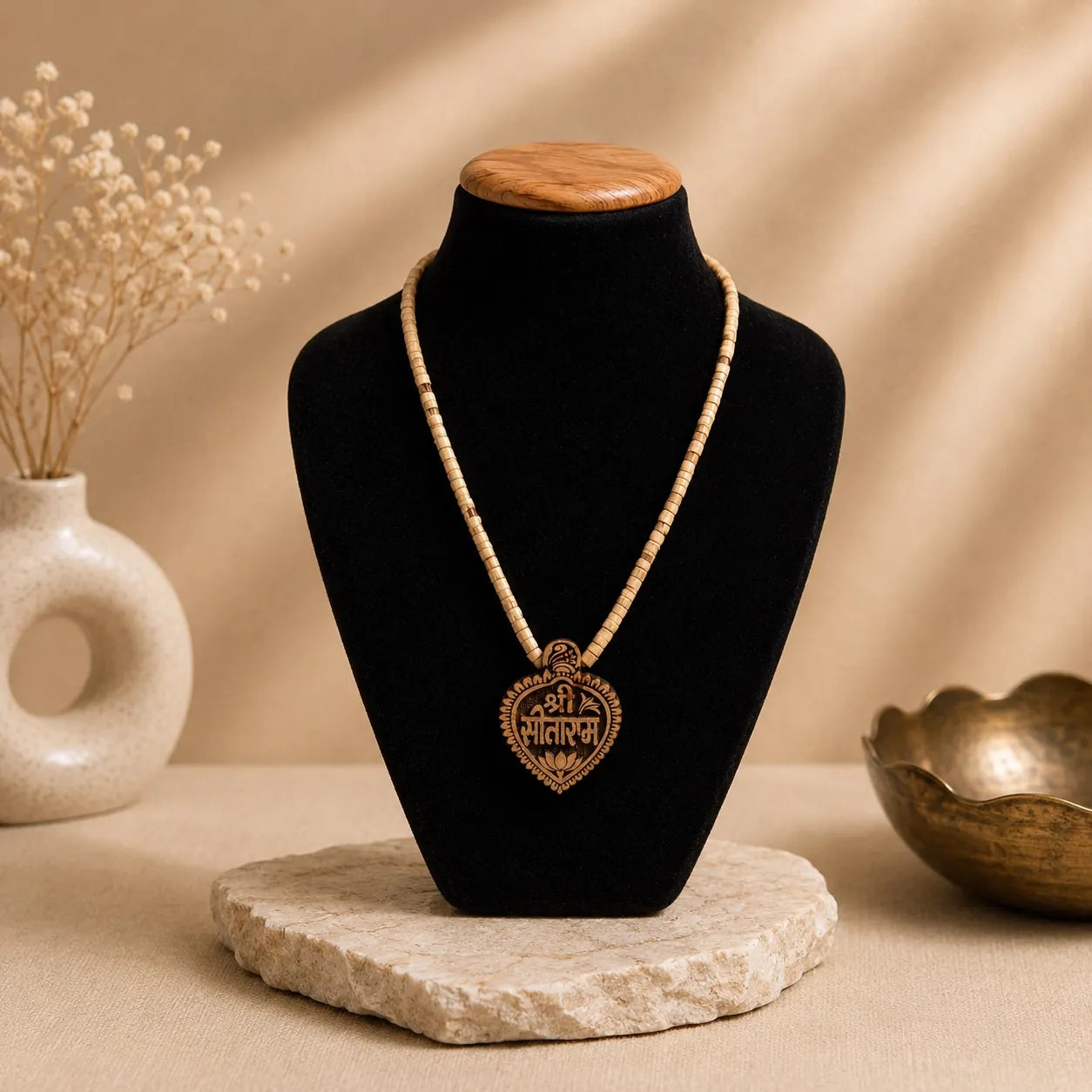 Shri Sita Ram Tulsi Locket Mala | Handmade Natural Tulsi Wood Kanthi Mala for Men & Women