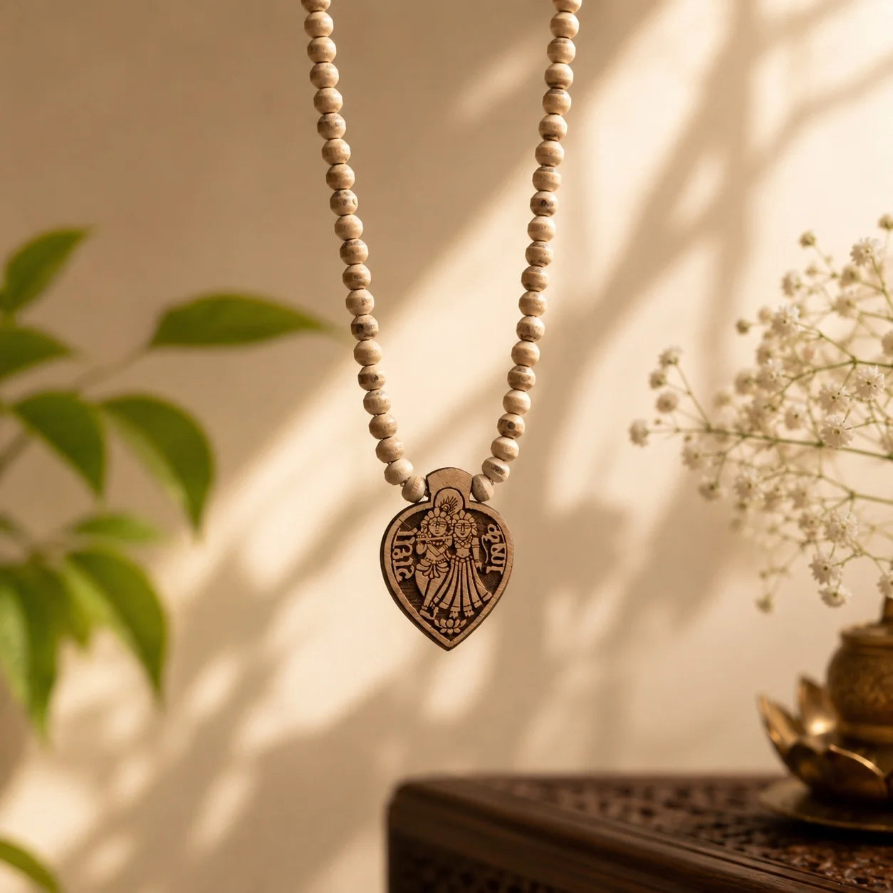 Radha Krishna Tulsi Locket Mala | Handmade Heart-Shaped Natural Tulsi Wood Kanthi Mala