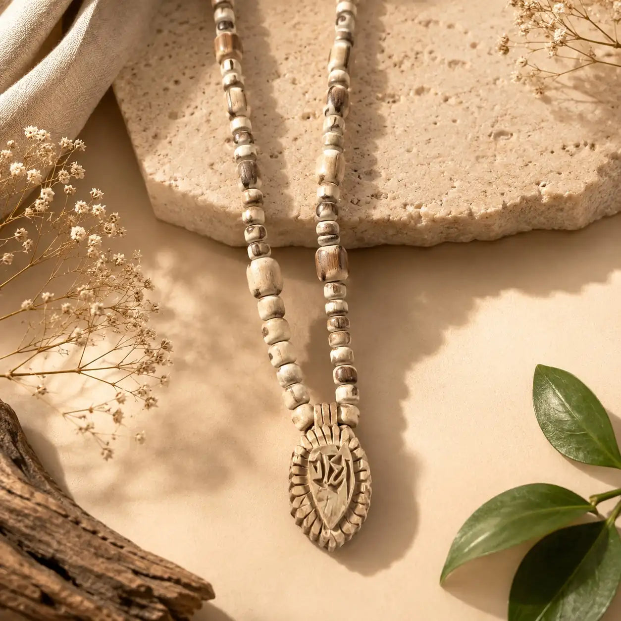 Natural Radha Naam Tulsi Locket Mala – Hand Carved Oval Tulsi Wood Pendant for Daily Wear