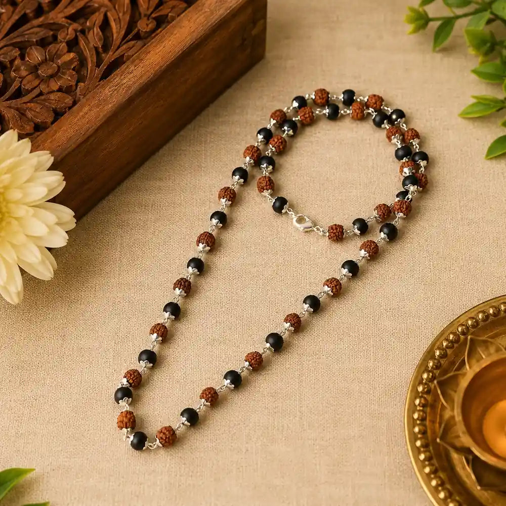 Pure Rudraksha & Karungali Mala with Silver Capping