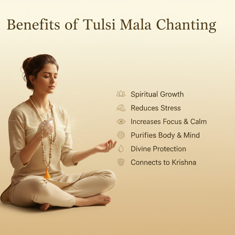 Woman meditating with Tulsi mala, benefits listed on a beige background