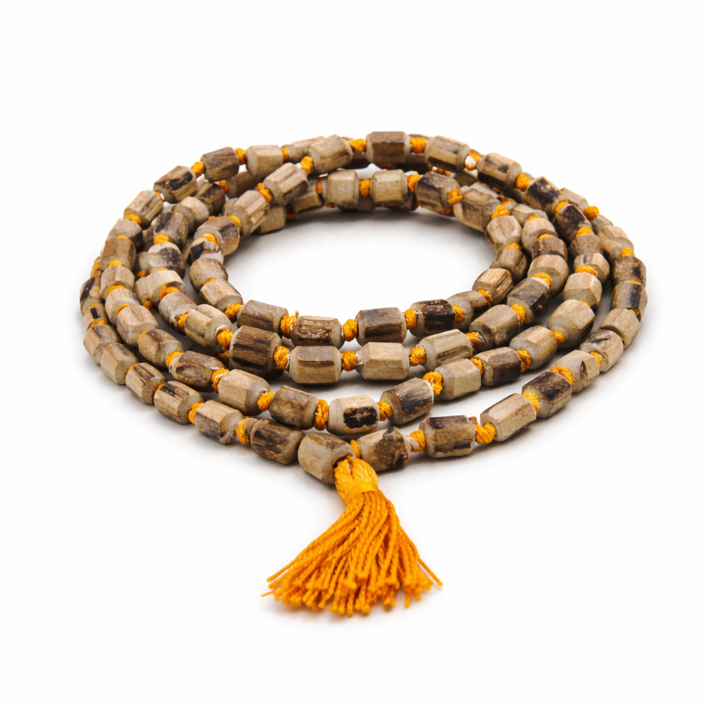 Tulsi beaded necklace with a yellow tassel on a white background