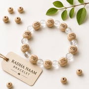 Radha Naam Wood Crystal Bracelet with natural wooden beads engraved with Radha Naam and crystal beads for daily bhakti, temple visits, and devotional wear.