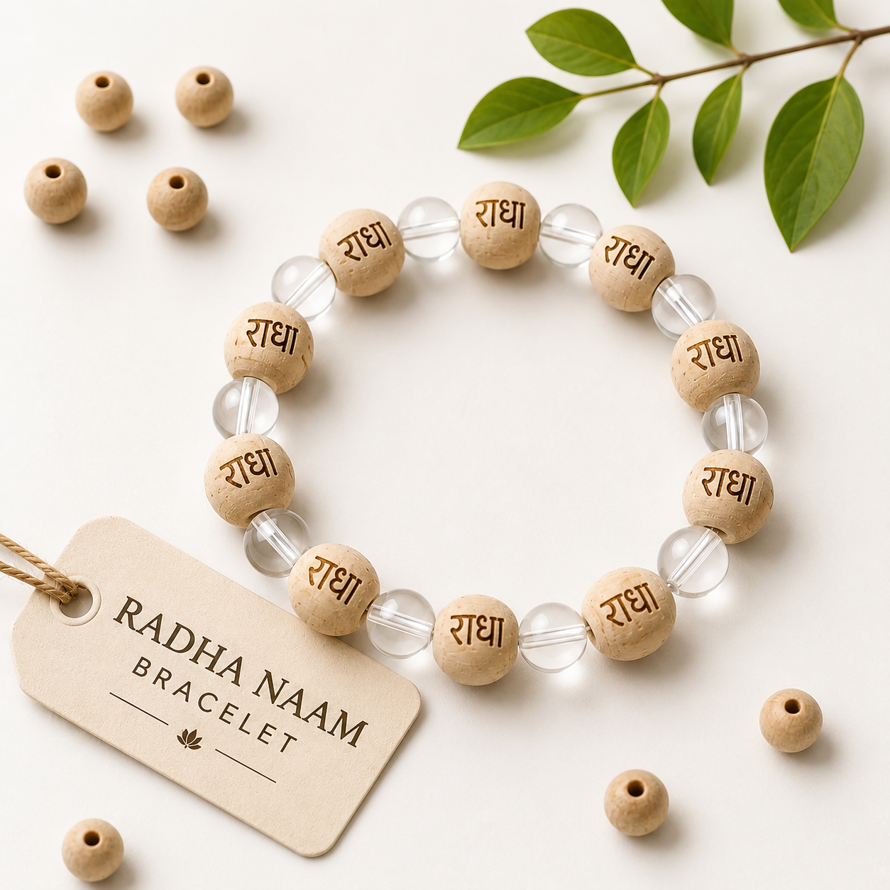 Radha Naam Wood Crystal Bracelet with natural wooden beads engraved with Radha Naam and crystal beads for daily bhakti, temple visits, and devotional wear.