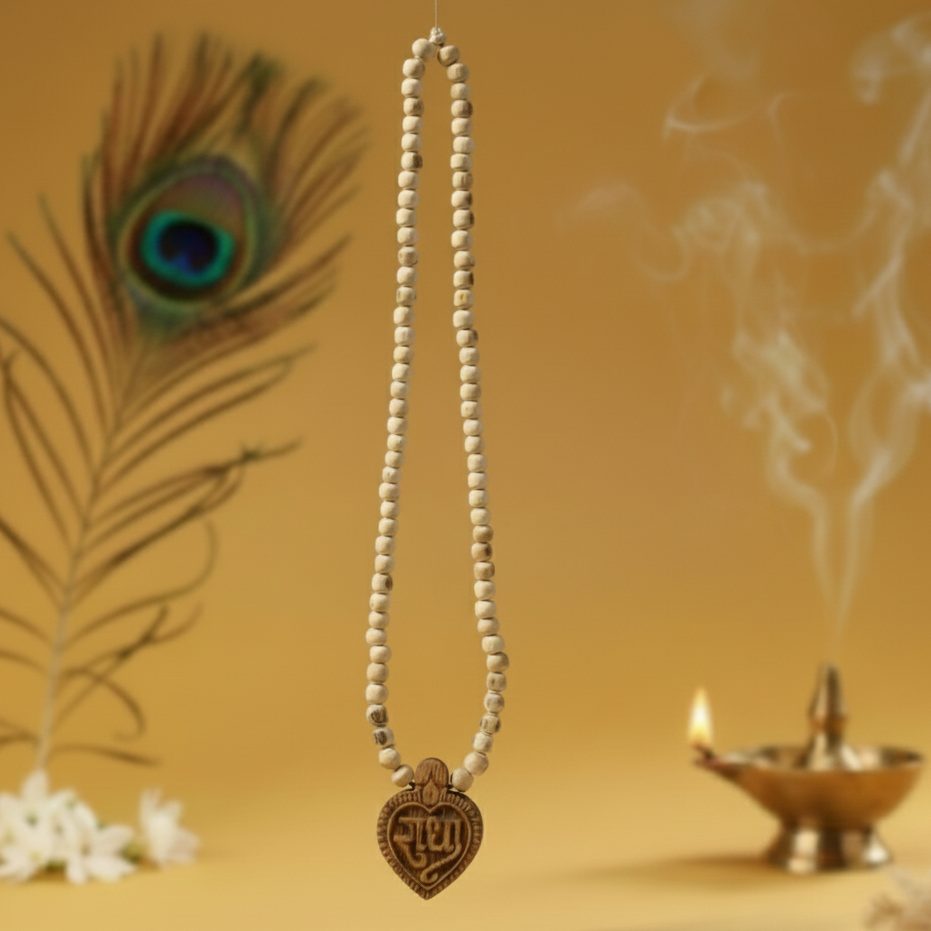 Necklace with a heart-shaped pendant on a yellow background with a peacock feather and smoking lamp.