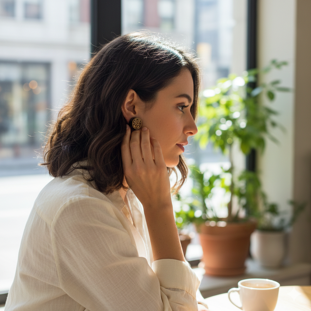 Woman adjusting her Tulsi earring in a cafe setting with plants and a window.
