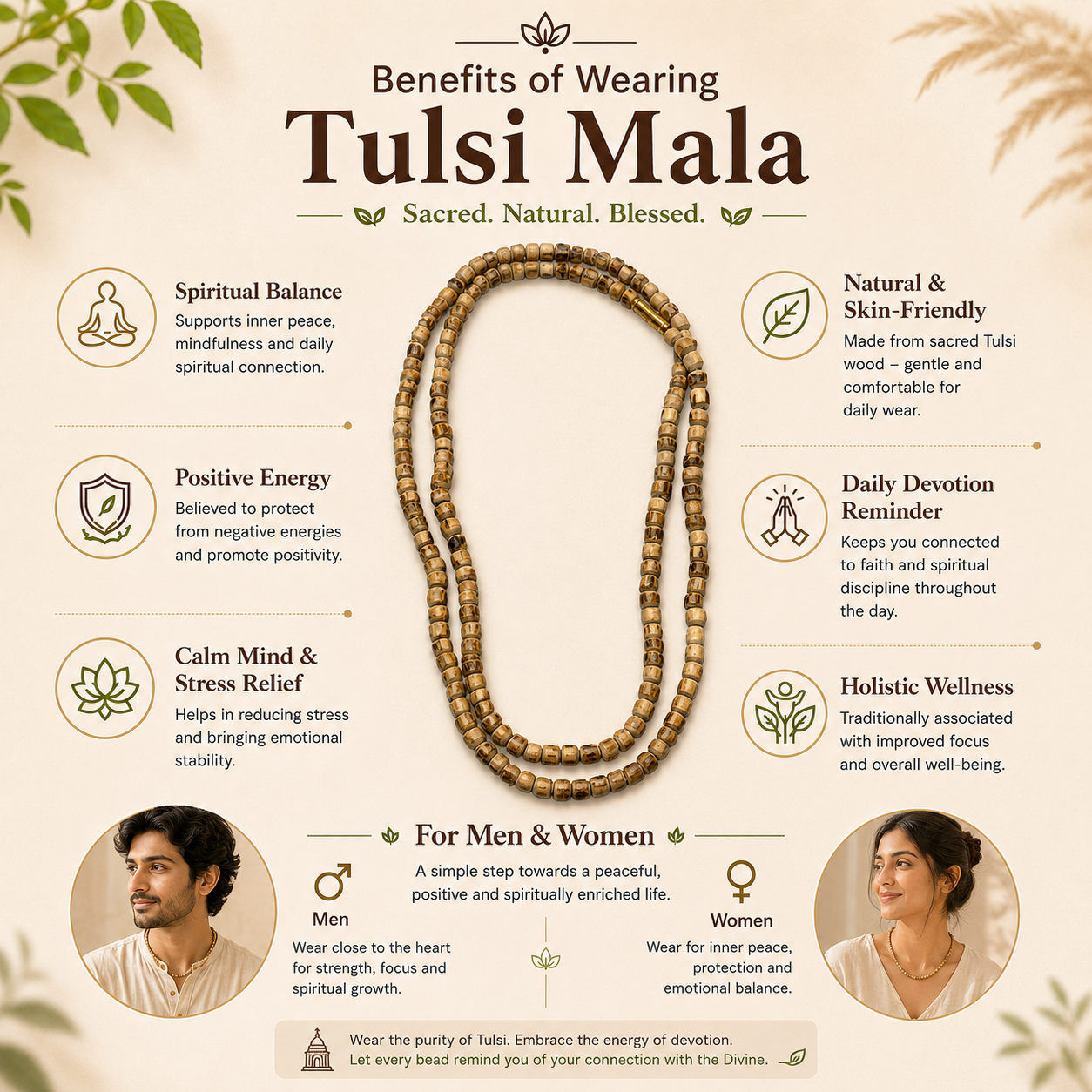 Benefits of wearing 2 round Tulsi Mala 4mm including spiritual balance peace positivity meditation and devotional connection.