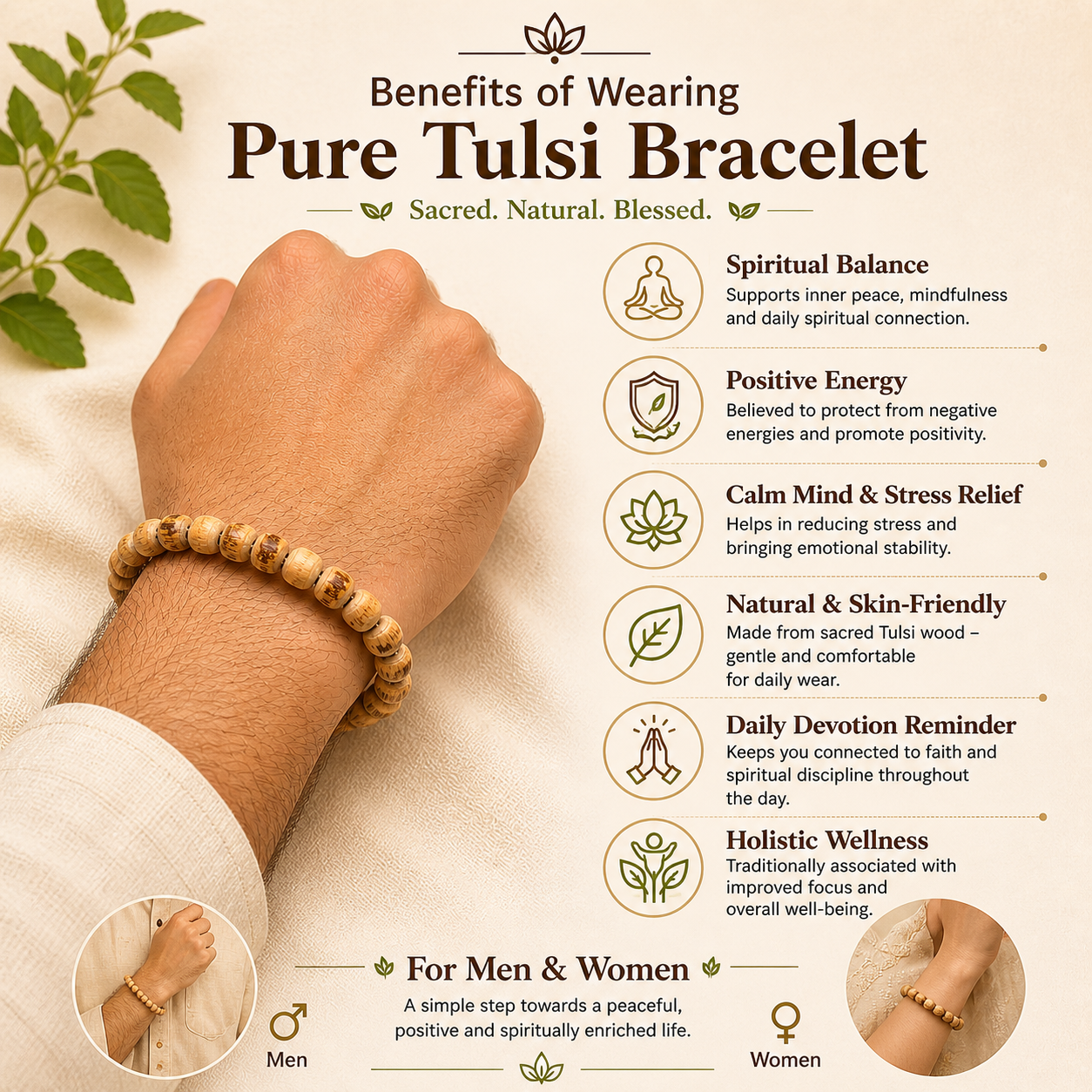 Benefits of wearing pure 8mm Tulsi beads bracelet for peace positivity spiritual balance and devotion.