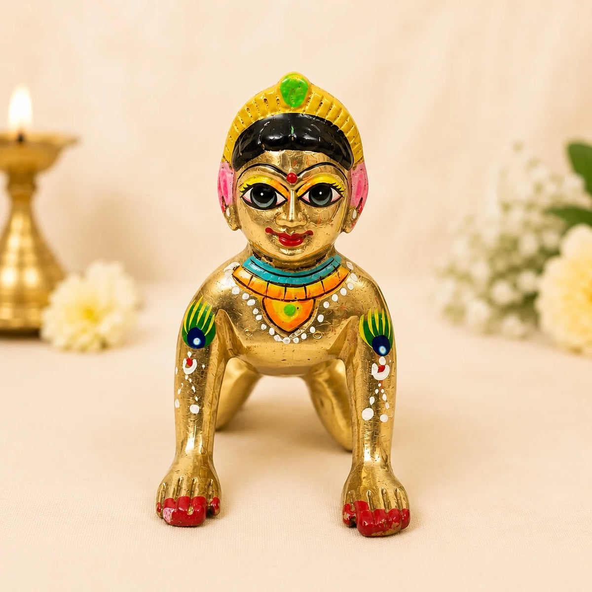 Brass Radha Rani Murti hand-painted idol for home temple - HariBol Mart