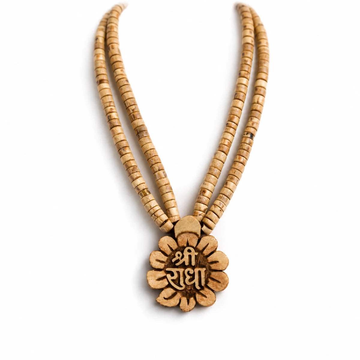 Flower-shaped Tulsi pendant engraved with Shri Radha on white background