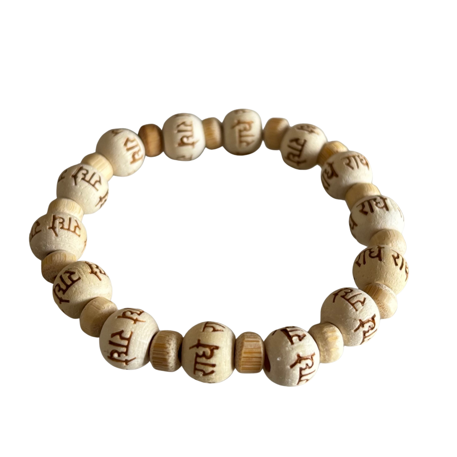 Close-up of sacred Radhe Radhe name engraving on natural 4mm Tulsi wood beads
