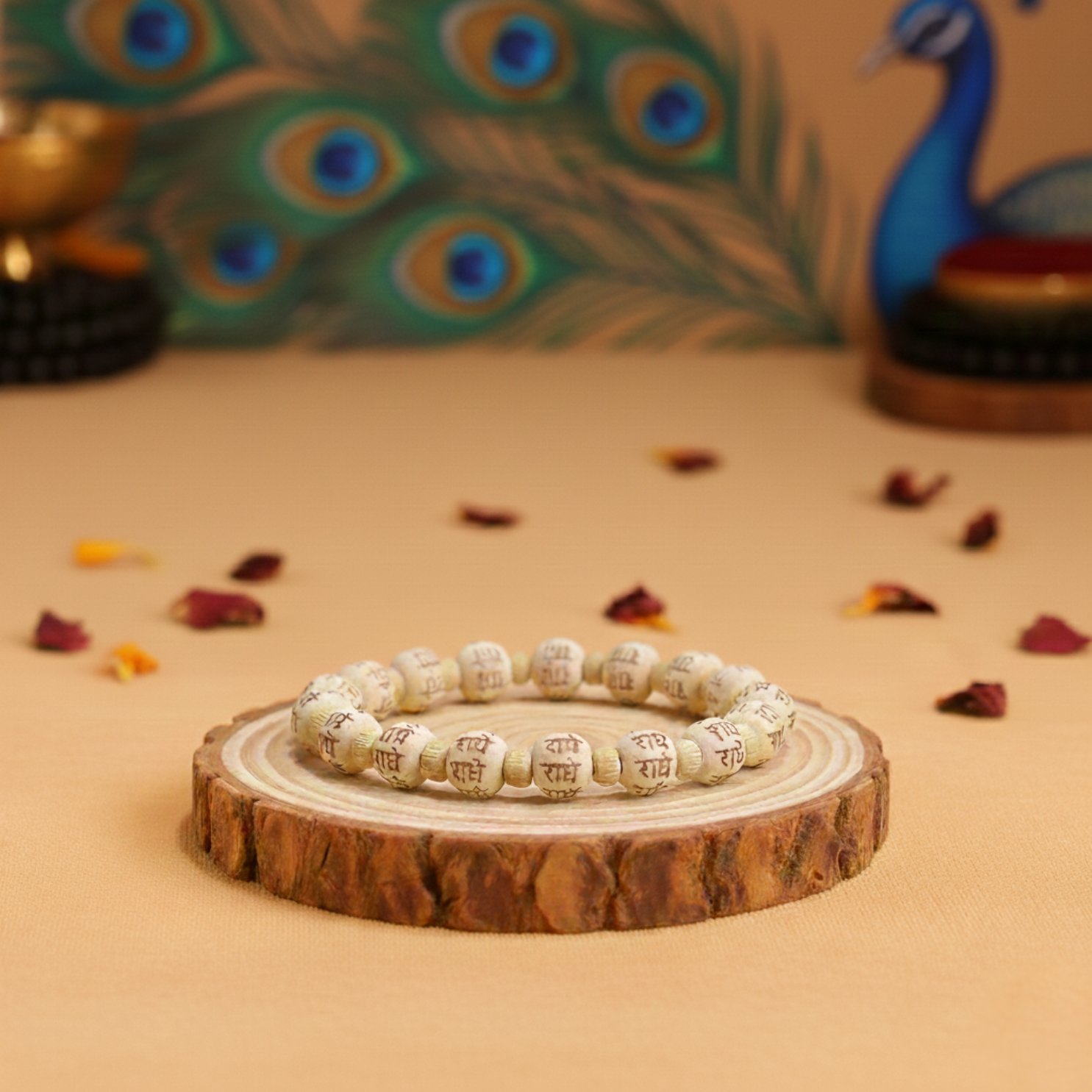 Sacred Tulsi beads styled with a peacock feather and incense for a traditional Vrindavan spiritual aesthetic
