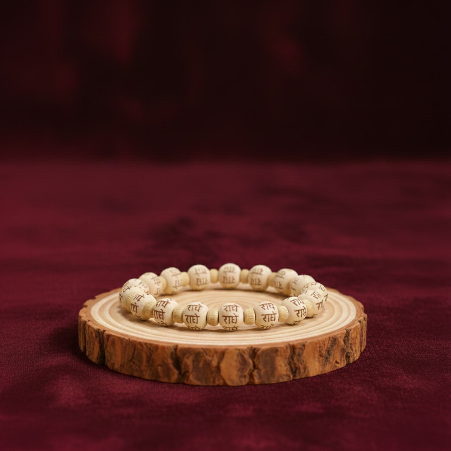 Sacred Tulsi Bracelet styled with a red-carpet background and incense for a traditional Vrindavan spiritual aesthetic.