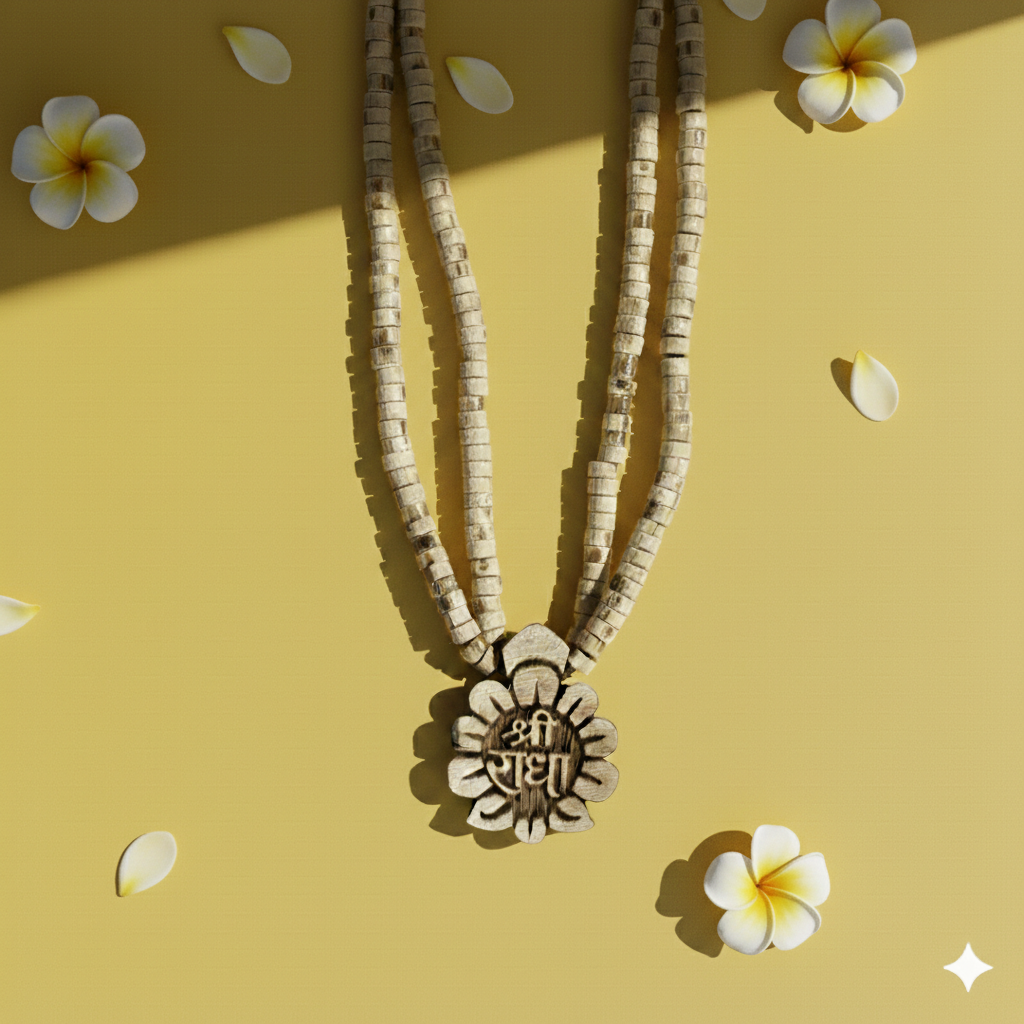 Necklace with a decorative pendant on a yellow background with flowers