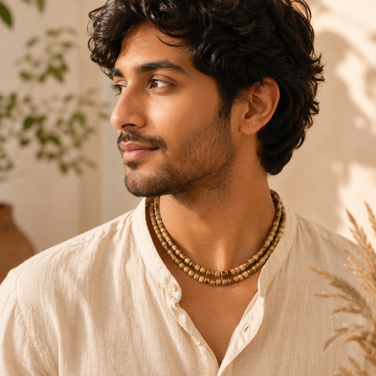 Man wearing natural 5mm Tulsi Kanthi Mala for daily spiritual wear