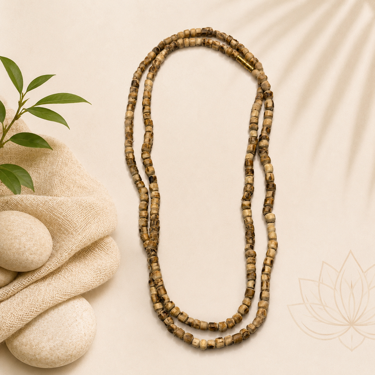 Original 2 round Tulsi Mala 4mm with natural Tulsi wood beads isolated on clean background for online spiritual store