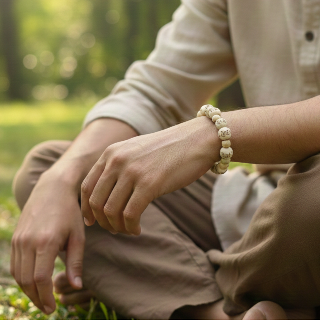 Authentic Vaishnav Tulsi bracelet worn on wrist showing size and fit for daily wear for Men