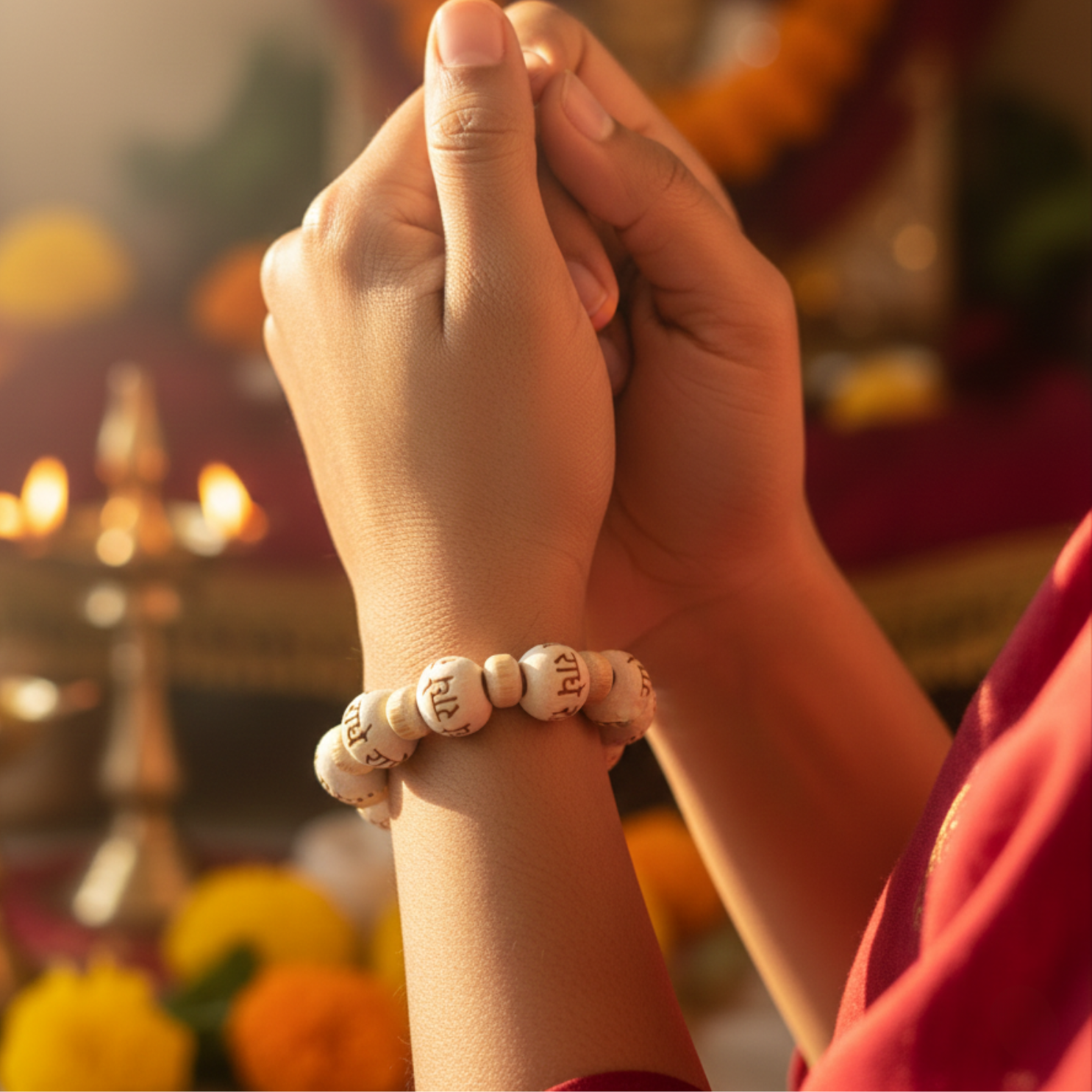 Authentic Vaishnav Tulsi bracelet worn on wrist showing size and fit for daily wear for women
