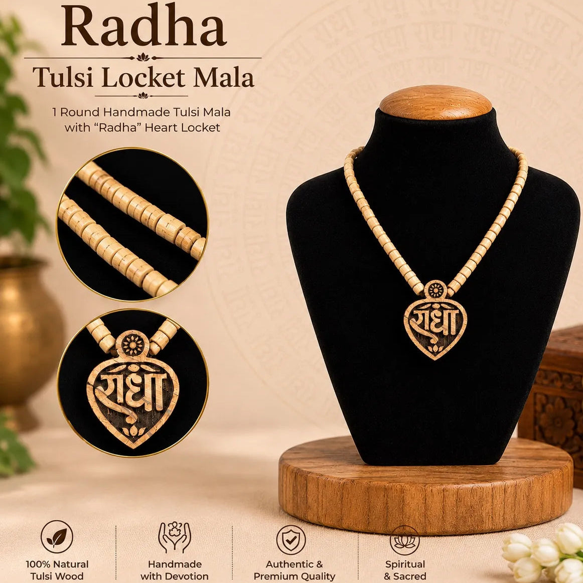 Heart-shaped locket with Radha Naam inscription on Tulsi mala