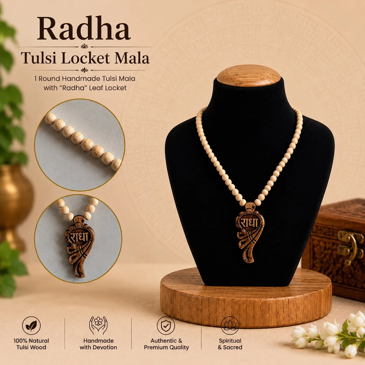 Close-up of Radha Tulsi leaf locket pendant