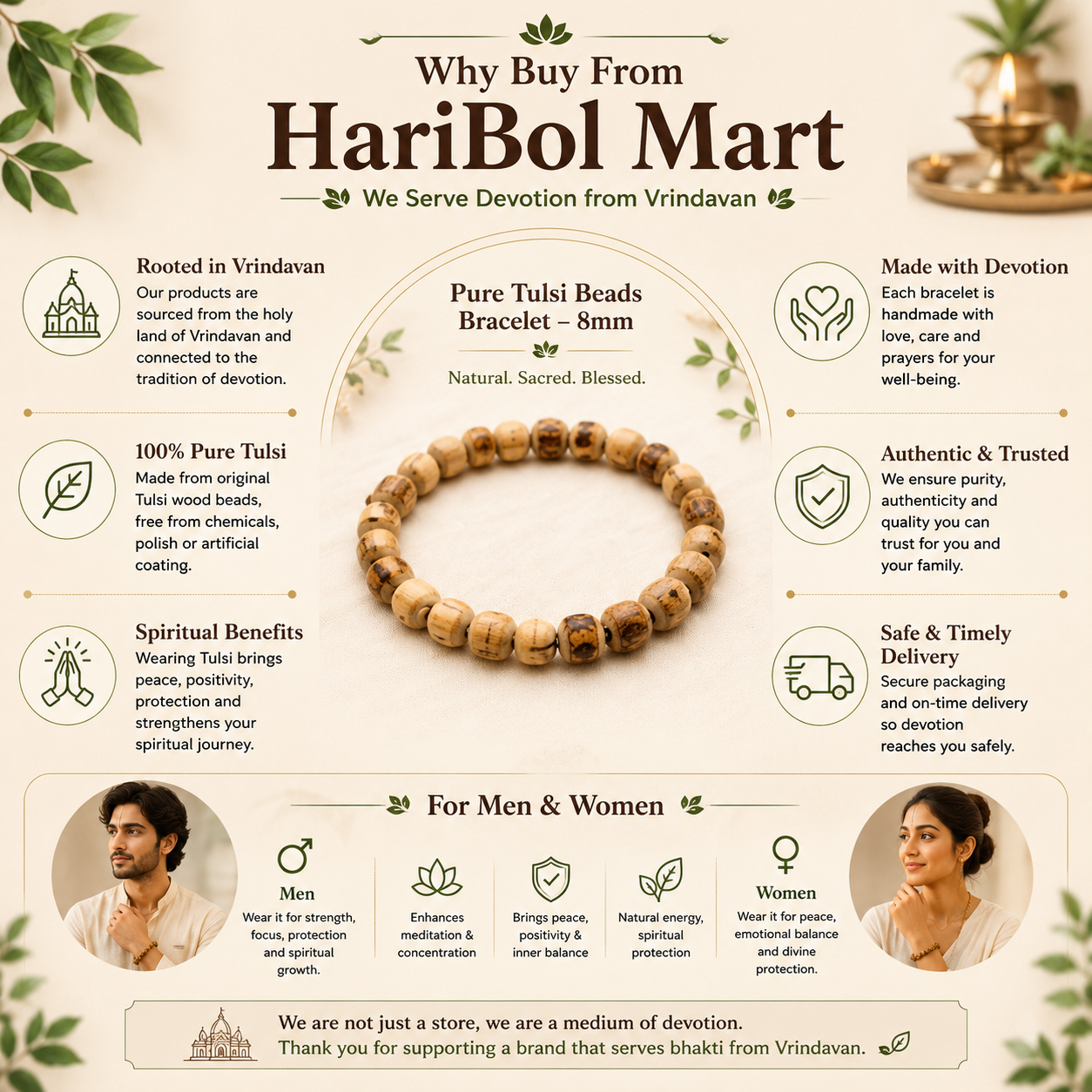 Why buy Pure Tulsi Beads Bracelet 8mm from HariBol Mart infographic showing authentic Vrindavan Tulsi bracelet benefits purity devotion and spiritual wellness for men and women.