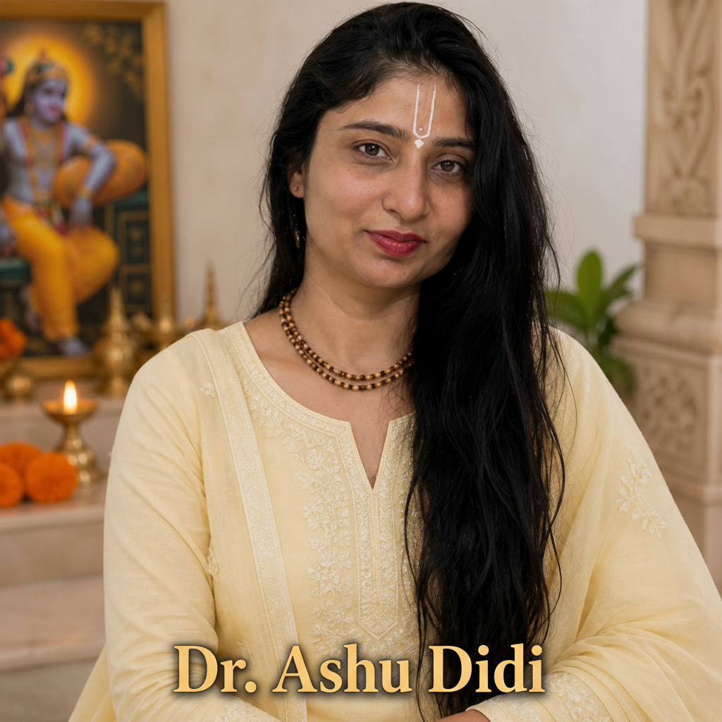 Woman wearing Chandan Tulsi Kanthi Mala dual round 4mm close to neck in devotional style